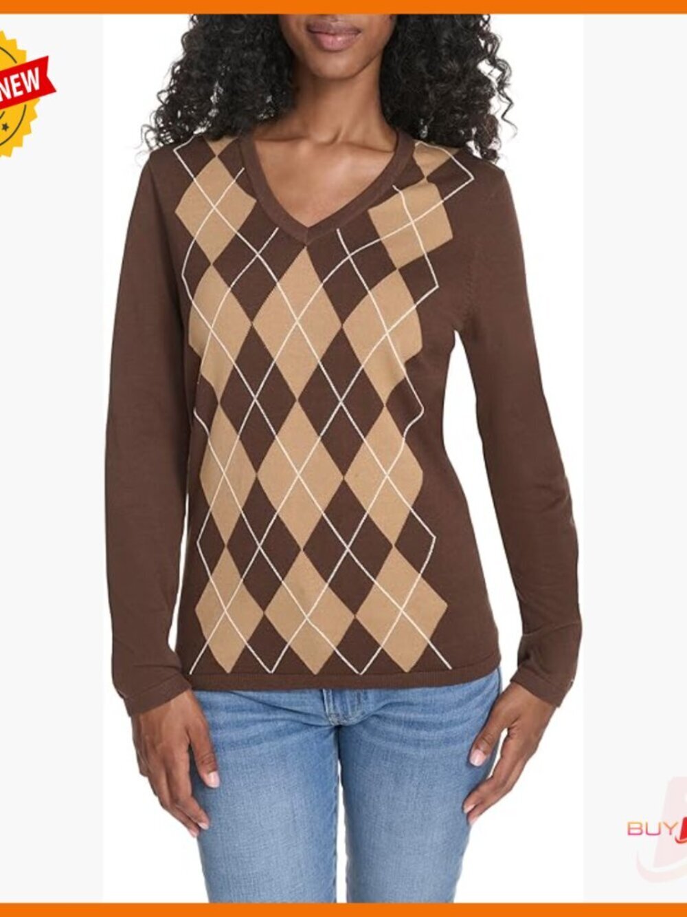 Long Sleeve Cotton Argyle V-Neck Sweater, Versatile Pullover